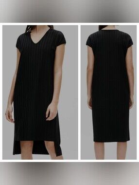 EILEEN FISHER Wide Rib Stretch V Neck Dress In Black PL